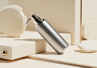 Metallic silver cosmetic spray bottle on beige geometric display with soft shadows
