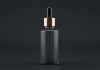 Matte black frosted glass dropper bottle with metallic copper collar on dark minimalist background
