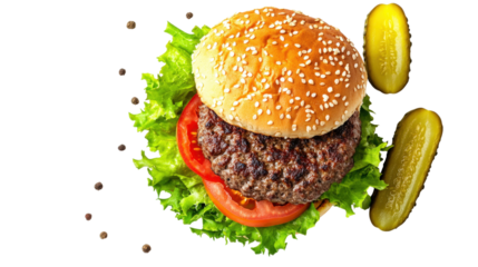 Hamburger with lettuce tomato and pickles isolated on a transparent background