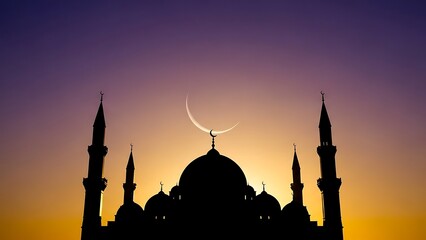 Dramatic mosque silhouette with crescent moon against vibrant sunset sky, spiritual Islamic architecture at dusk