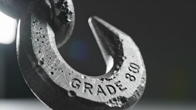 Close up view of heavy duty grade 80 lifting chain with spring loaded safety hook. Industrial construction equipment for secure load hoisting.