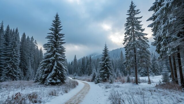 A snow-covered forest path in a peaceful winter landscape with misty hills. AI generated.
