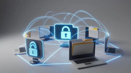 Secure data transfer network concept with glowing locks and connected laptops security connection - Powered by Adobe