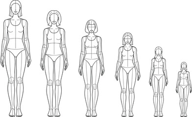 Six Female Fashion Figure Templates in Black Outline on White Background mannequin