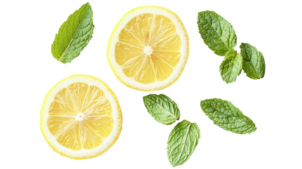 Lemon Slices and Mint Leaves isolated on a transparent background