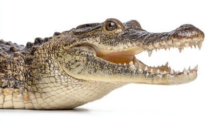 Naklejka premium Crocodile displays its teeth and open mouth while resting in a well-lit area. The reptile's skin has detailed patterns and textures. This scene captures a moment in the animal's day
