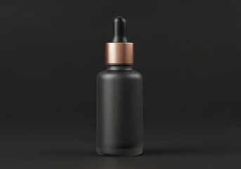 Matte black frosted glass dropper bottle with metallic copper collar on dark background

