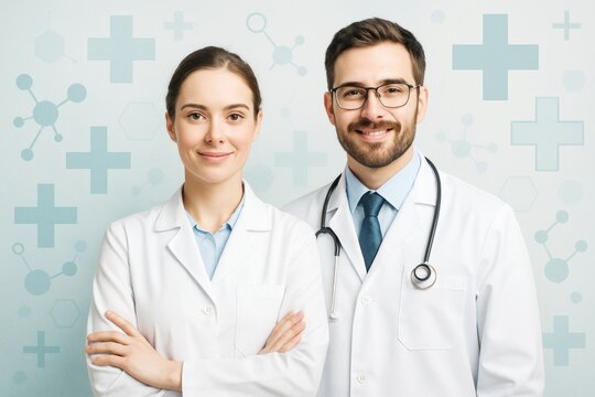 Smiling medical professionals in lab coats looking at the camera