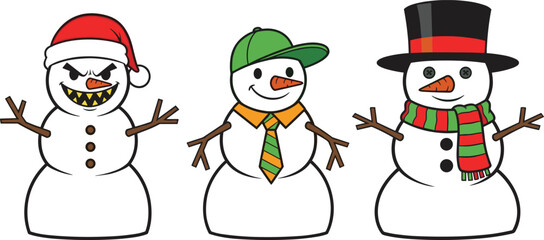 Three cartoon snowmen with different hats and accessories on white background snowman