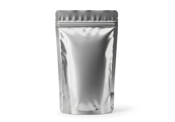 Silver metallic stand-up pouch mockup with zip-lock seal on white background
