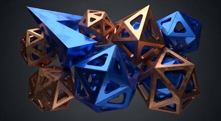 A collection of blue and bronze colored geometric shapes with triangular openings on a dark background