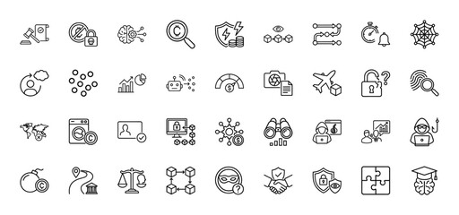Cybersecurity and digital technology line icon set. Vector pictograms of blockchain, encryption, forensics, and fraud detection, thin linear illustration.