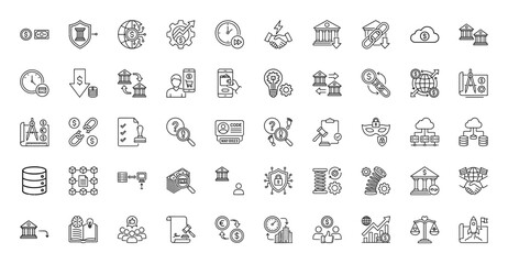 Finance and banking line icon set. Vector pictograms of money, investment, fintech, global economy, blockchain, security, payment, business, thin linear illustration