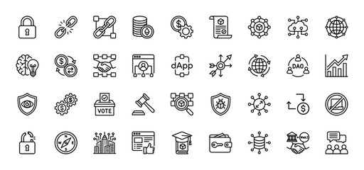 Decentralized finance and blockchain technology line icon set. Vector pictograms of security, currency, contract, governance, and cryptocurrency, thin linear illustration.
