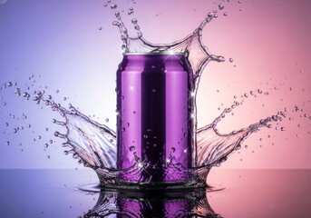 Vibrant purple beverage can with dramatic water splash on reflective surface and colorful gradient background
