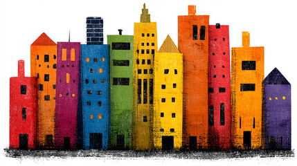 Bold, graphic design depicting apartment buildings and commercial towers in a simple, iconic shape.