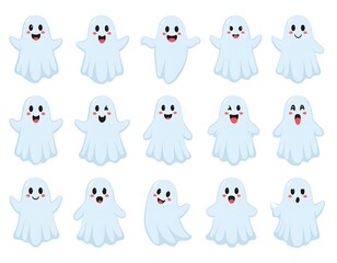 Fifteen cute cartoon ghosts with different expressions, arranged in rows on a white background