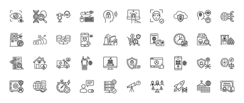 Technology and security line icon set. Vector pictograms of face recognition, dna, password, fingerprint, and shield, thin linear illustration.