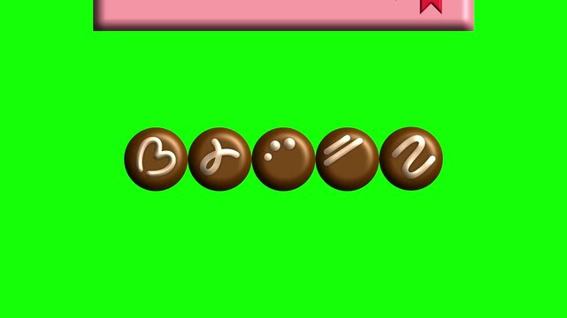 チョコレートのデコレーションとラッピングのアニメーション。緑色の背景。