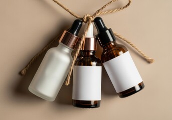 Set of frosted and amber cosmetic dropper bottles with blank labels tied with rope on beige background
