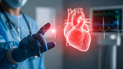 Medical professional in scrubs examining a 3D virtual heart model, illustrating the future of cardiology and healthcare technology