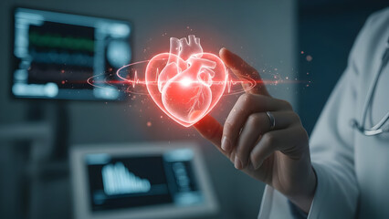Cardiologist using futuristic augmented reality technology to examine a glowing digital heart hologram in a modern hospital setting
