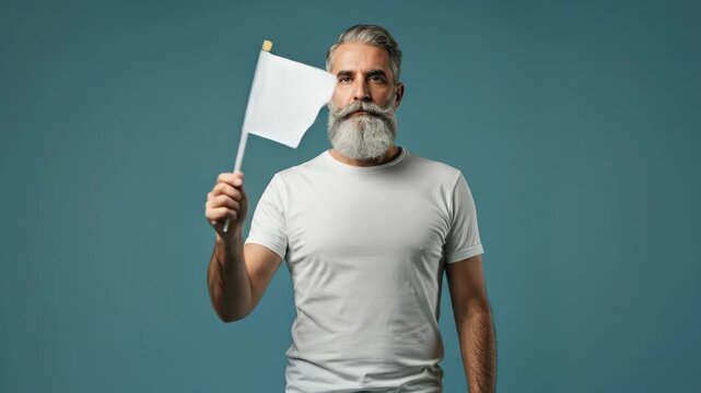 Caucasian adult man with gray beard holds a small blank white flag through a motion sequence for peace message.