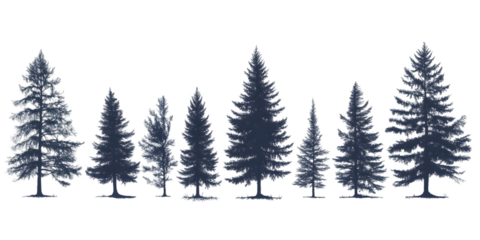 A versatile set of horizontal silhouettes showcasing coniferous fir trees, perfect for adding a touch of elegance and nature to any project isolated on white and transparent background