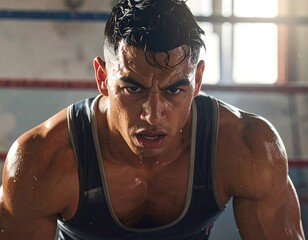 Intense determination: a sweaty athlete pushes through limits in rigorous training