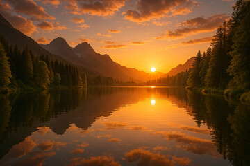 Golden Sunset Over Tranquil Mountain Lake