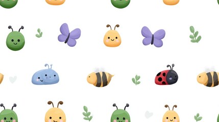 Obraz premium Seamless pattern of cute bugs and ladybugs in crayon style fun background art for kids nature environment