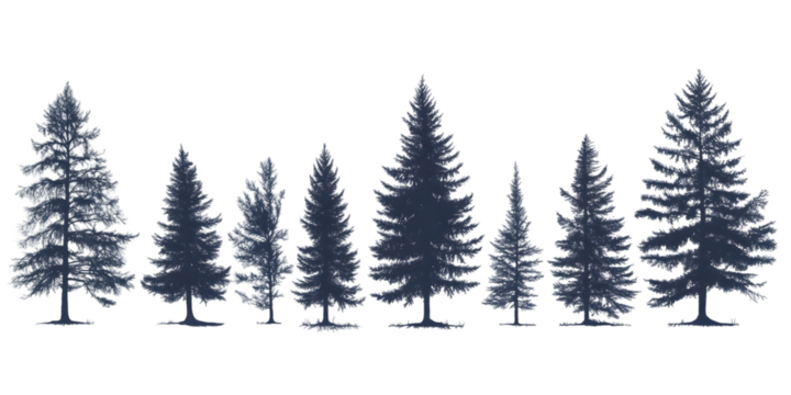 A versatile set of horizontal silhouettes showcasing coniferous fir trees, perfect for adding a touch of elegance and nature to any project isolated on white and transparent background