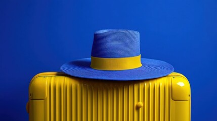 A large blue sunhat with a yellow band rests on a vibrant yellow suitcase against a solid blue backdrop,