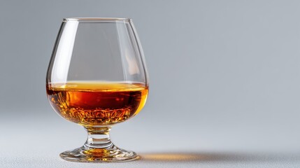 A glass with whiskey sits on a plain surface. The lighting highlights the rich color of the drink. This scene captures a moment to relax at home after a busy day