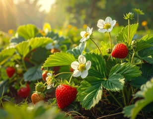 Lush strawberry patch bathed in sunlight, ripe berries and delicate blossoms