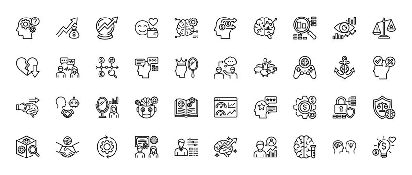 Behavioral economics and cognitive science line icon set. Vector pictograms of decision-making, brain analysis, money, and psychology, thin linear illustration.