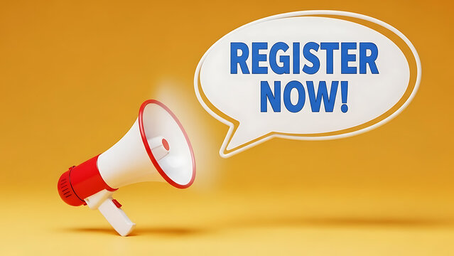 Megaphone announcing register now in speech bubble on yellow background