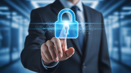 A businessman's finger touches a glowing blue digital lock, symbolizing network security and data protection in a server room