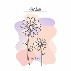 Simple line art daisies with pastel abstract shapes and the word walk