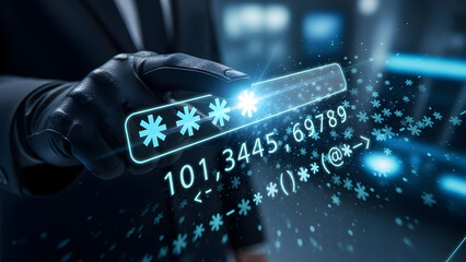 Anonymous hacker in a black glove stealing a password from a glowing digital screen, representing a cyber attack and data security breach