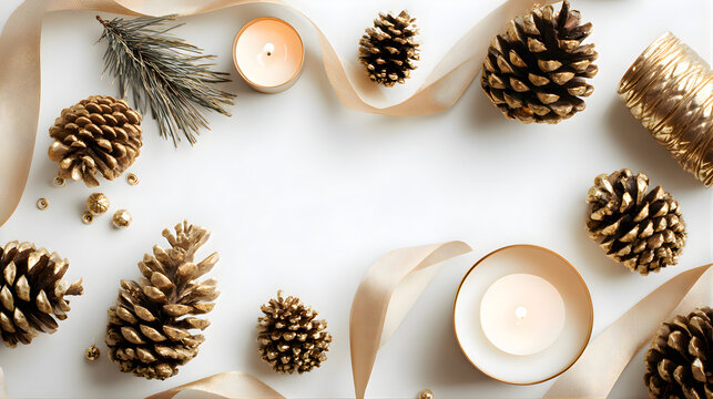 Festive golden pine cones and twinkling candle arranged on white background for holiday decor - Powered by Adobe