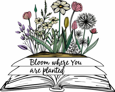 Inspirational floral illustration blooming from an open book with text