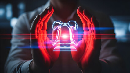 Future of Digital Alerts Human Hands Protect a Glowing Bell Icon, Symbolizing Critical Notifications, Urgent Communication, and Advanced Information Systems