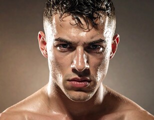 Intense portrait of a sweaty, muscular man with a focused expression and determination