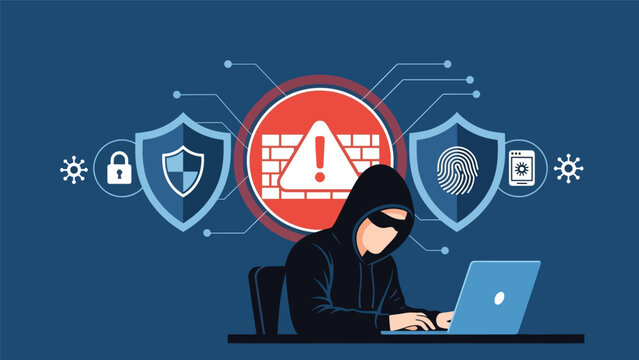 Modern flat illustration showing a blocked hacking attempt with alert icons and security barriers, perfect for awareness campaigns and online safety visuals