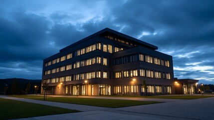 A modern office building illuminated at twilight under a dramatic cloudy sky showcasing its glowing