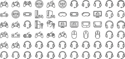 Extensive collection of minimalist gaming icons featuring controllers, headsets, consoles, VR devices, accessories, and e-sports elements for modern digital entertainment design