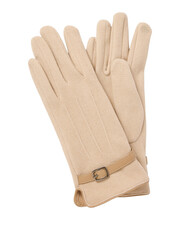 Obraz premium Pair of light beige leather gloves with decorative stitching and buckle detail isolated on transparent background