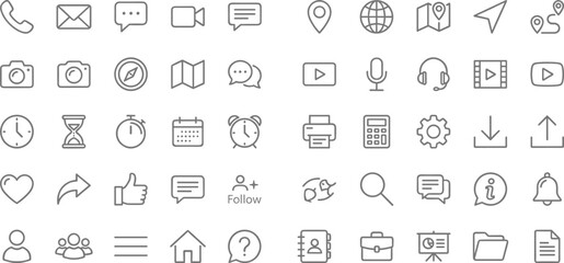 Minimalist communication, navigation, media, productivity, and social interaction icon set designed for modern apps, digital interfaces, user experience tools, and web design projects