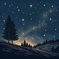 Pixel art night sky with a lone pine tree and distant glowing lights